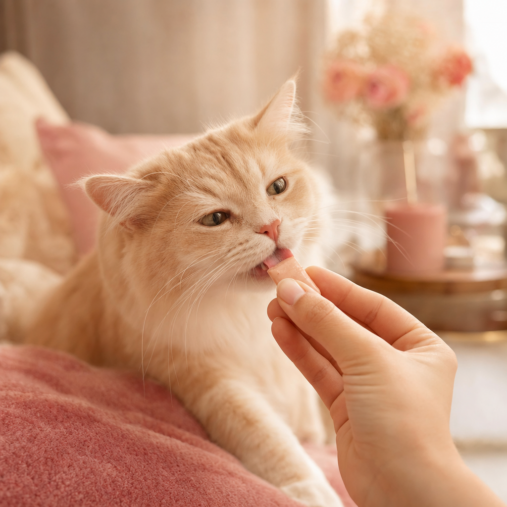 Après : un chat apaisé qui prend sa friandise