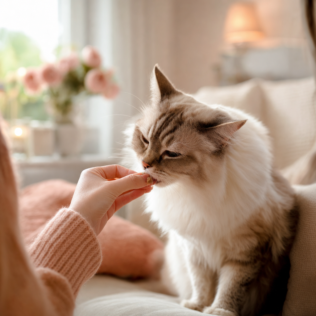 Un chat apaisé prend sa friandise Doupil