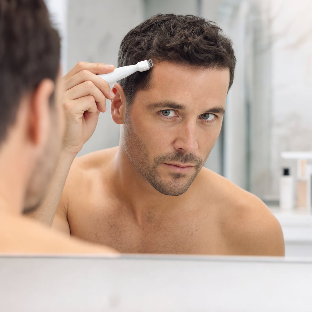 Homme observant sa ligne de cheveux dans le miroir